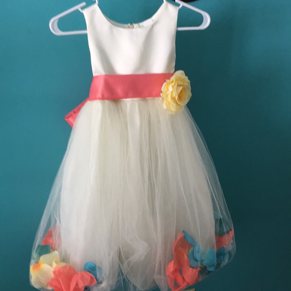 Rose petal flower ivory flower girl dress